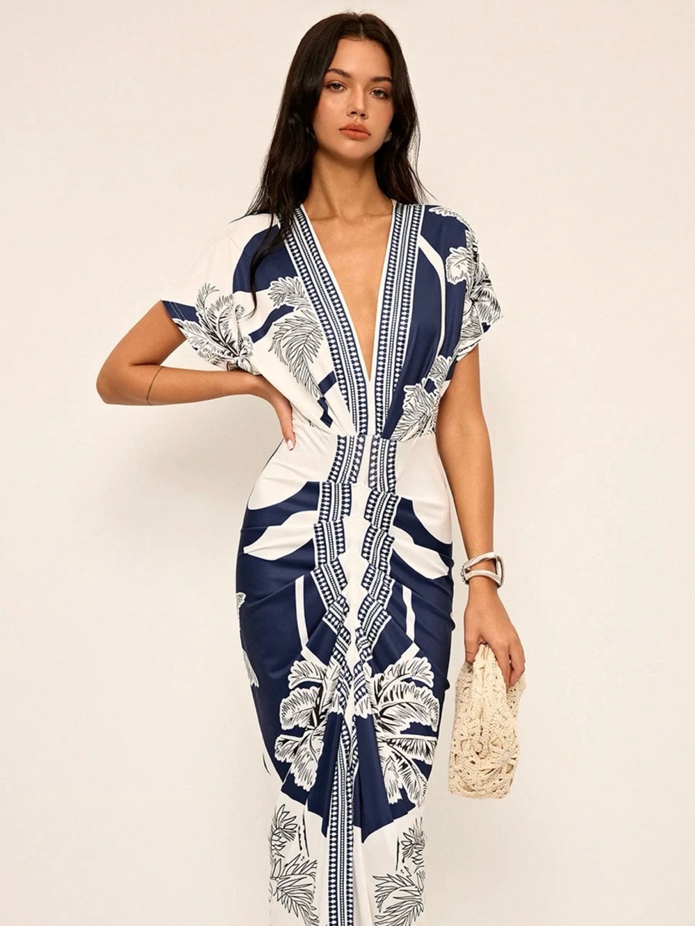 Commense Printed deep V-Neck Midi Dress Without Belt - XL